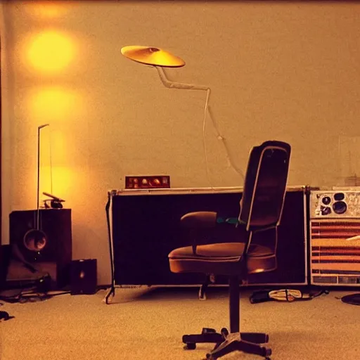 Image similar to dimly lit music studio, cigarette smoke haze, cinematic lighting, warm colors, shag carpet, 1970's