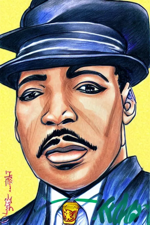 Image similar to Martin Luther King as Jotaro Kujo JoJo from JoJo\'s Bizarre Adventure, anime drawing by Hirohiko Araki, vivid colors, colorful fashion