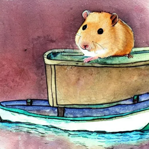 Prompt: A hamster made out of iron in a boat on a river, watercolors by 5 year old