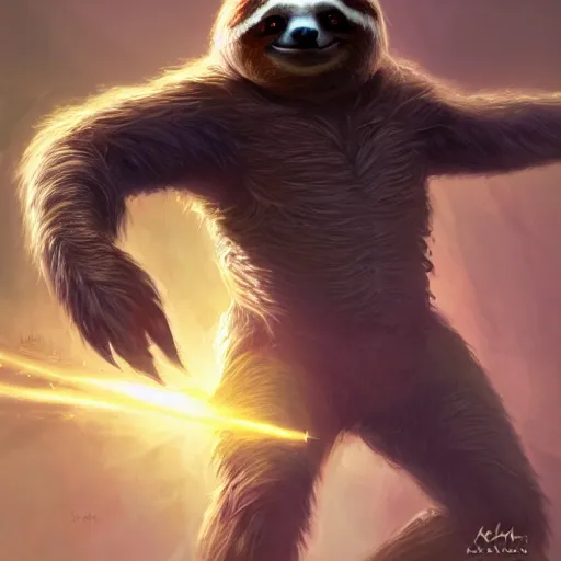 Prompt: Sloth, Anthropomorphized, casting epic spell, magic the gathering artwork, D&D, fantasy, cinematic lighting, centered, symmetrical, highly detailed, digital painting, artstation, concept art, smooth, sharp focus, illustration, volumetric lighting, epic Composition, 8k, art by Akihiko Yoshida and Greg Rutkowski and Craig Mullins, heroic pose, oil painting, cgsociety, magic lab background