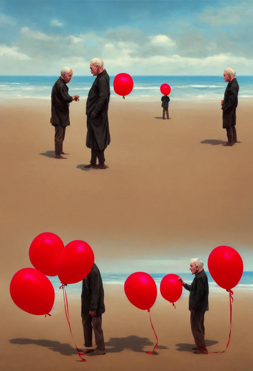 Prompt: lonely old men on the beach, holding red balloons. extremely high fidelity, 8 k, super resolution, cinematic view, super resolution, epic, hyperdetailed, digital painting, artstation, concept art, smooth, sharp focus, octane render, dramatic lighting, art by artgerm and greg rutkowski and alphonse mucha and wlop