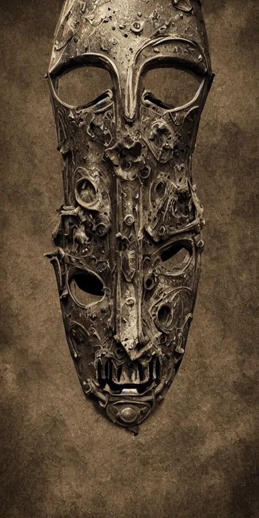 Prompt: extra wide view. an ominous dark ancient mask. barron. worn out photography. sepia. cracks. hyper - detailed. gothic steampunk. low poly medieval baroque. symmetric. epic. hyper - realistic. unreal render.