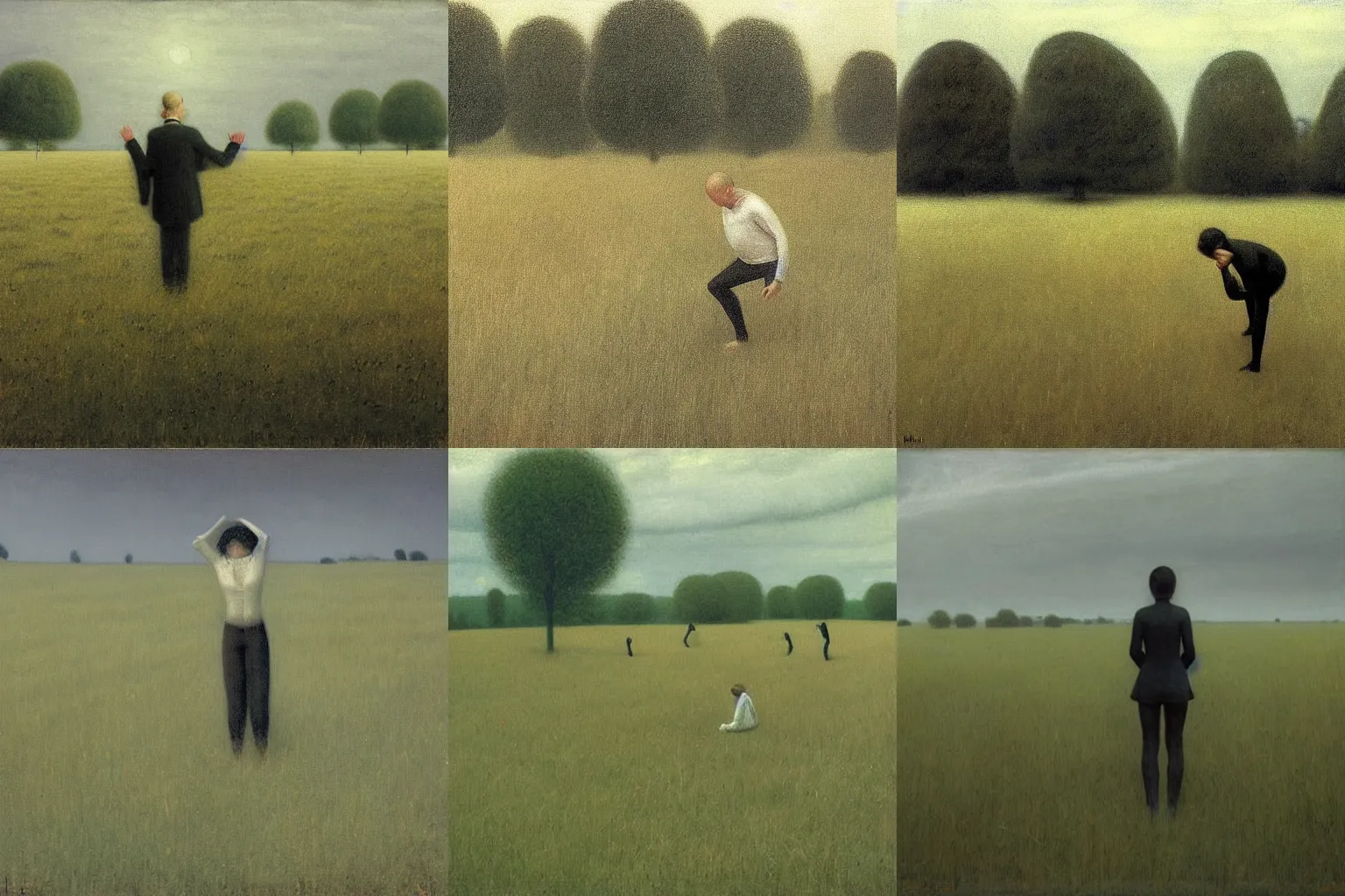 Prompt: Six yogis lost in the tall grass. Thunderstorm afar. Painting by Vilhelm Hammershoi