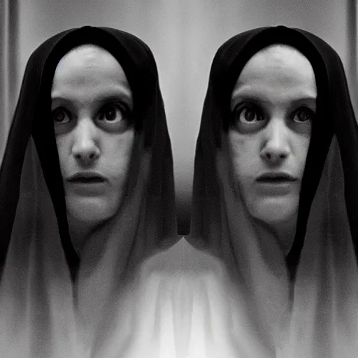 Image similar to nightmare vision, black and white, award winning photo, levitating twin nuns, wearing translucent sheet, in a sanctuary, hallways, eerie, frightening —width 1024 —height 1024