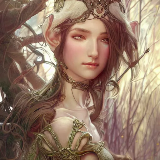 Image similar to a photograpic of elven archers, cute, fantasy, intricate, elegant, highly detailed, digital painting, artstation, long shot, photographic, half-body portrait, concept art, smooth, sharp focus, illustration, art by artgerm and H R Giger and alphonse mucha