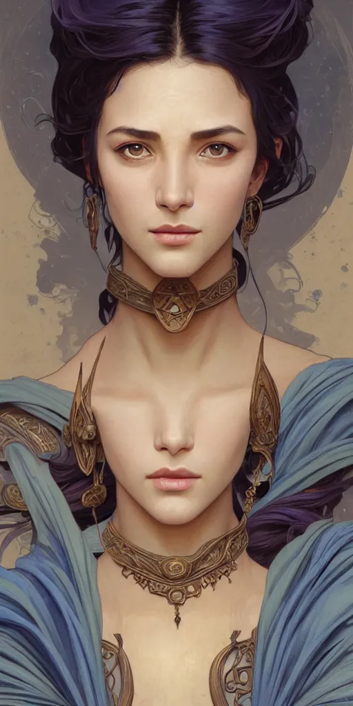 Image similar to charismatic female character, ancient, sand, indigo, intricate, highly detailed, digital painting, artstation, concept art, smooth, sharp focus, illustration, Unreal Engine 5, 8K, art by artgerm and greg rutkowski and alphonse mucha, by Jesper Ejsing, by RHADS, Makoto Shinkai and Lois van baarle, ilya kuvshinov, rossdraws