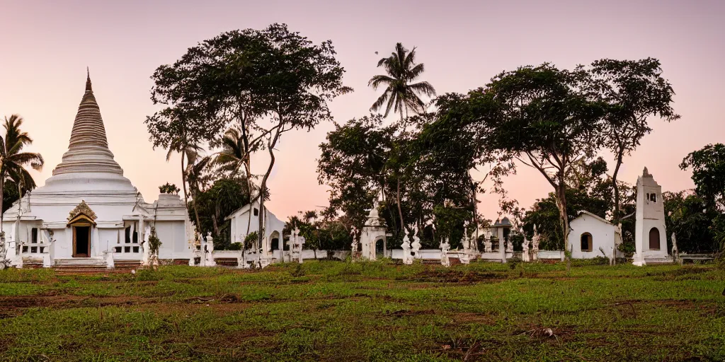 Image similar to abandoned sri lankan temple with white stupa, overgrown greenery, photography, evening sunset