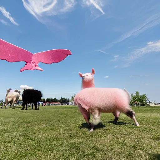 Prompt: TORONTO, JUNE 18 2023: flying pig with big pink wings flying through the sky photobombed by alpaca, daylight, outdoors, wide angle shot