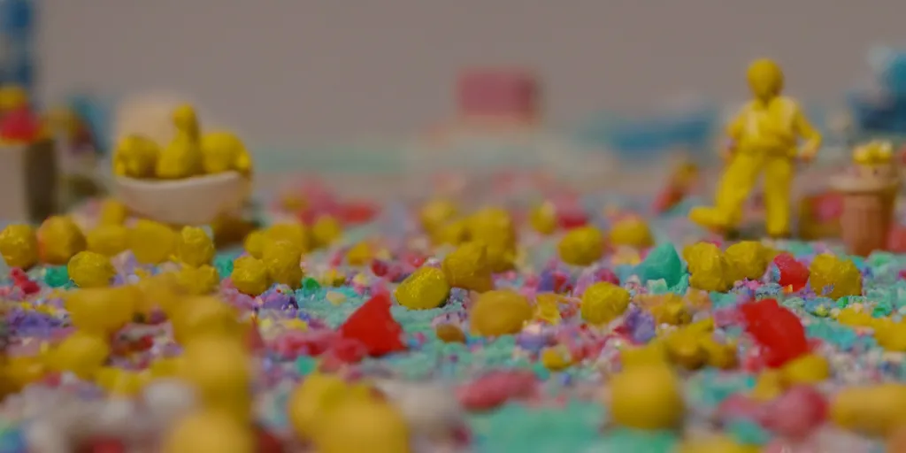 Image similar to a cinematic film still of a claymation stop motion film about a town made of lemons and candy, shallow depth of field, 8 0 mm, f 1. 8