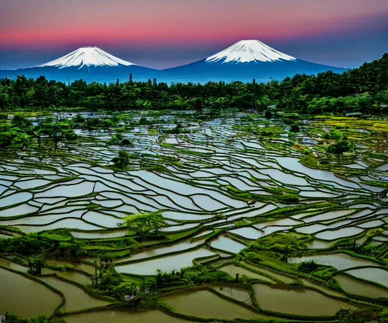 Image similar to a photo of mount fuji, japanese landscape, rice paddies, seen from a window of a train. cinematic lighting.