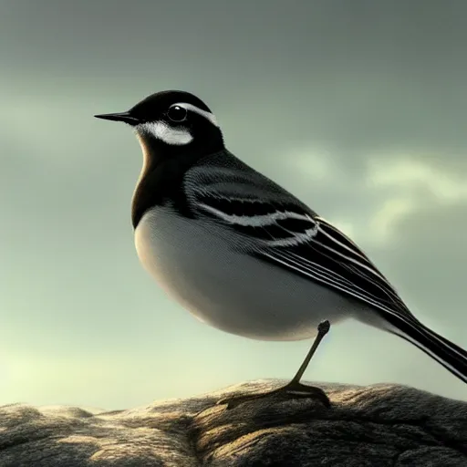 Image similar to closeup of a wagtail bird in avila, lavandera, river edge, green fields, summer season, 4 k, midday light, concept art, by wlop, ilya kuvshinov, artgerm, krenz cushart, greg rutkowski, pixiv. cinematic dramatic atmosphere, sharp focus, volumetric lighting, cinematic lighting, studio quality