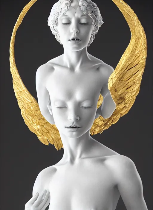 Image similar to a statue made of white marble with gold veins, of an beautiful gorgeous angel girl, full body shot, perfect symmetrical body, perfect symmetrical face, no eyes, hyper realistic, hyper detailed, fujicolor superia 1 6 0 0 photo, by johannen voss, by peter kemp, by monia merlo, by michelangelo octane render, blender, 8 k