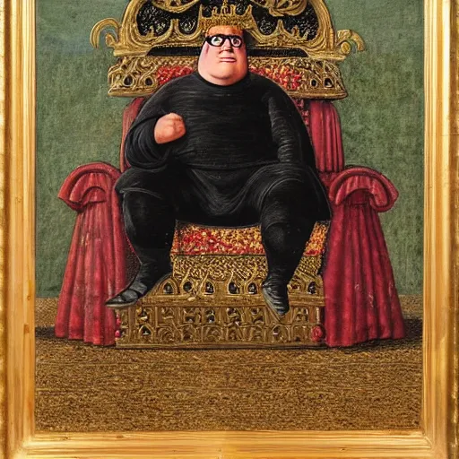 Image similar to Peter Griffin wearing black medieval armor and sitting on a golden throne, oil on canvas, 1880,