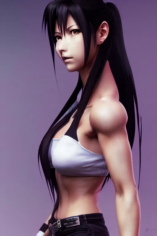 Prompt: 3 / 4 view of a portrait of tifa from final fantasy, evangelion, au naturel, hyper detailed, digital art, trending in artstation, cinematic lighting, studio quality, smooth render, frostbite 3 engine rendered, art style by klimt and nixeu and ian sprigger and wlop and krenz cushart