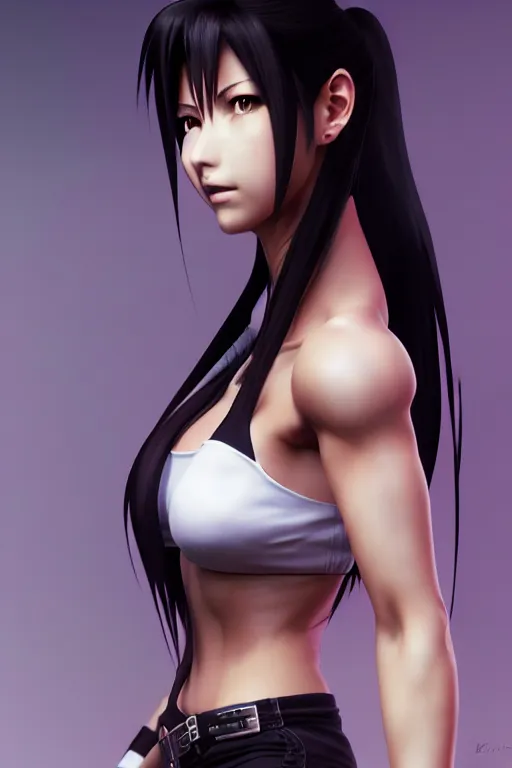 Image similar to 3 / 4 view of a portrait of tifa from final fantasy, evangelion, au naturel, hyper detailed, digital art, trending in artstation, cinematic lighting, studio quality, smooth render, frostbite 3 engine rendered, art style by klimt and nixeu and ian sprigger and wlop and krenz cushart