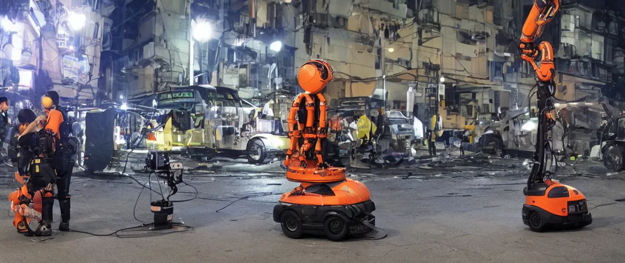 Image similar to rescue robot, disaster in the city, night, shinji aramaki