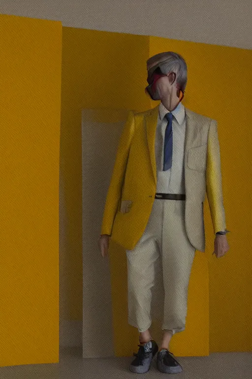 Prompt: a room filled with yellow fog with a character wearing a super colorful muted color diy! suit, with a lot of pockets and details, vivienne westwood!, detailed photoreal render octane render, oil on canvas, pointillism