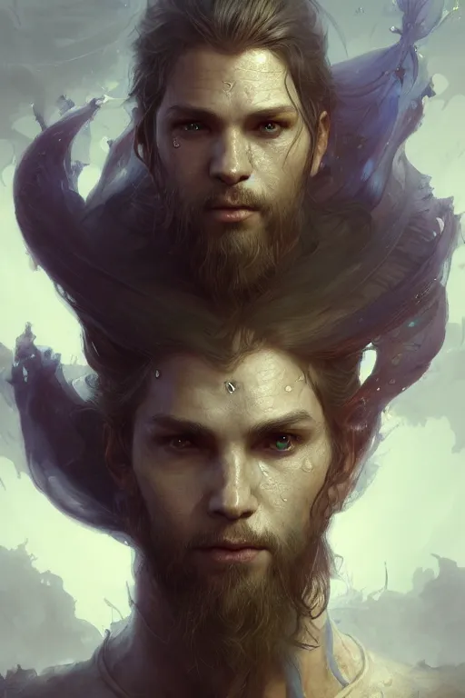 Prompt: a game art portrait of a handsome young male wizard of the water element by Marc Simonetti, Greg Rutkowski and Wayne Barlowe, hyperrealism, very detailed, Vray, Rembrandt lighting, artstation, Deviantart, fantasy art, rpg portrait