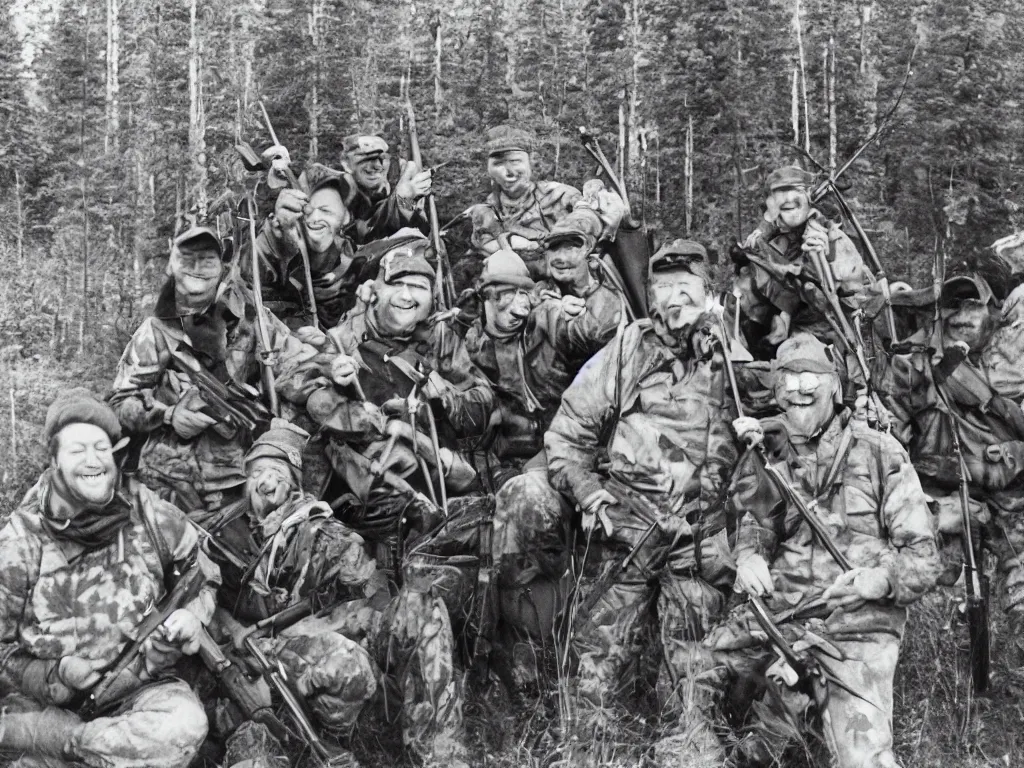 Prompt: happy group of finnish men with rifles preparing for a moose hunt and smiling to the camera, 1 9 6 6, home album pocket camera photo, detailed facial features, hyper realistic