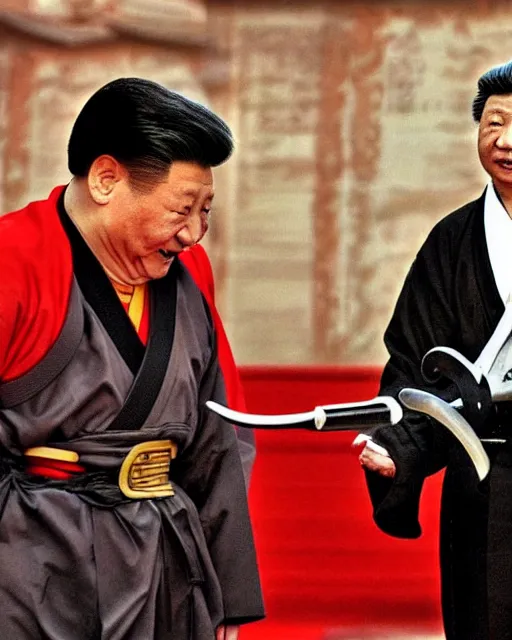 Prompt: Xi Jinping as Ronin Ogami Ittō in Lone Wolf and Cub and a Toddler sized Vladimir Puttin as Daigorō, Xi Jinping is Holding a Samurai Sword, photorealistic, Cinematic, Japanese