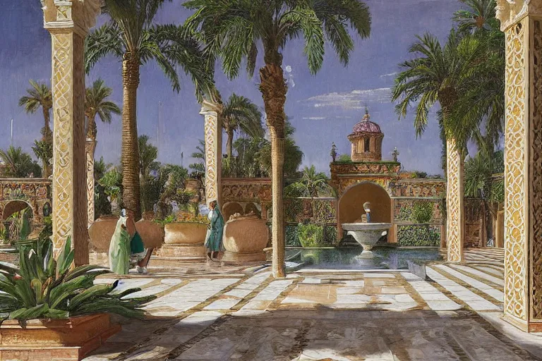 Image similar to painting of a beautiful moorish palace courtyard garden, by ludwig deutsch, patterned tilework, palm trees, tiled fountains, extremely detailed, cinematic lighting, smooth sharp focus