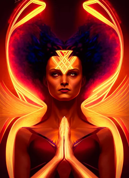 Image similar to symmetry portrait of the dark phoenix from x - men, glowing lights, intricate, elegant, highly detailed, digital painting, artstation, concept art, smooth, sharp focus, illustration, art by artgerm and greg rutkowski and alphonse mucha