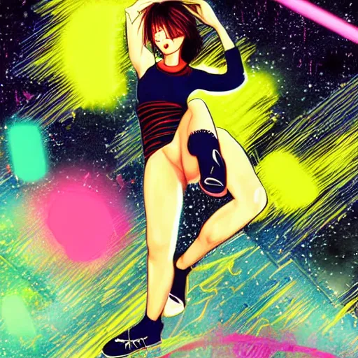 Image similar to high detailed, art by Naoyuko Kato: (subject = girl + subject detail=throwing a high kick in the air, futuristic, high facial details) + (background= bright color splashes and lazer lights in a dark background)