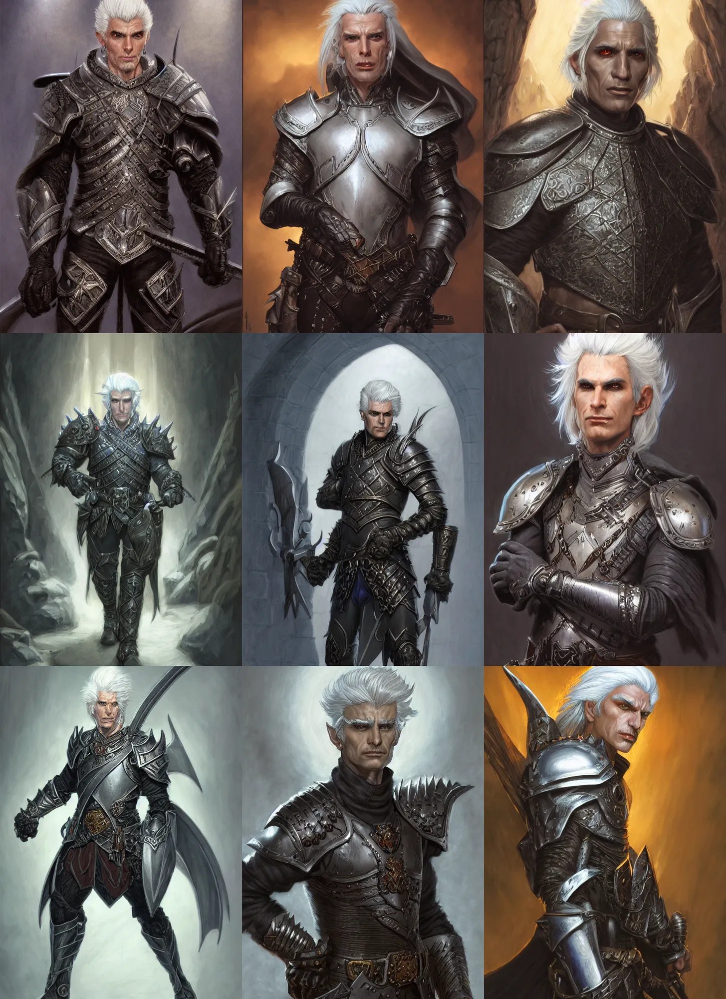Prompt: a portrait of a male dark gray elf with white hair, defined cheek bones, serious, wearing leather armor, style by donato giancola, wayne reynolds, jeff easley dramatic light, high detail, cinematic lighting, artstation, dungeons and dragons