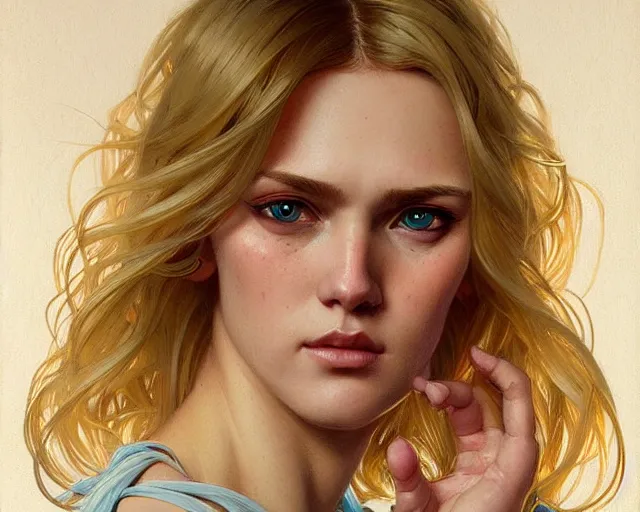 Image similar to portrait of blonde girl with mutiple heads, jump suit, vivid eyes, real life skin, intricate, elegant, highly detailed, artstation, concept art, smooth, sharp focus, art by artgerm and greg rutkowski and alphonse mucha