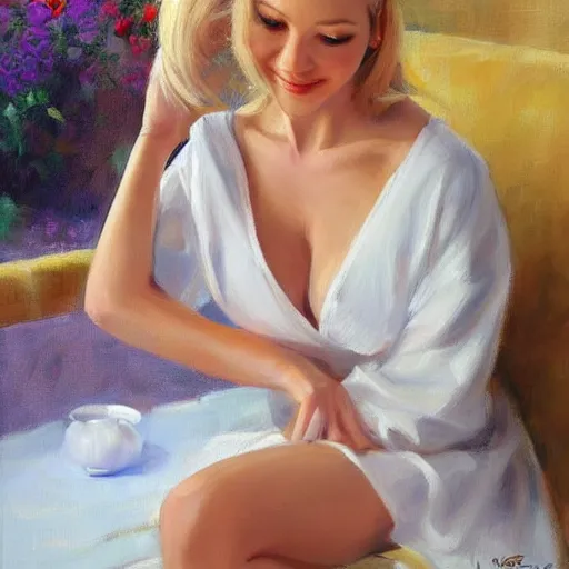 Image similar to blonde wife undressing, painting by Vladimir Volegov