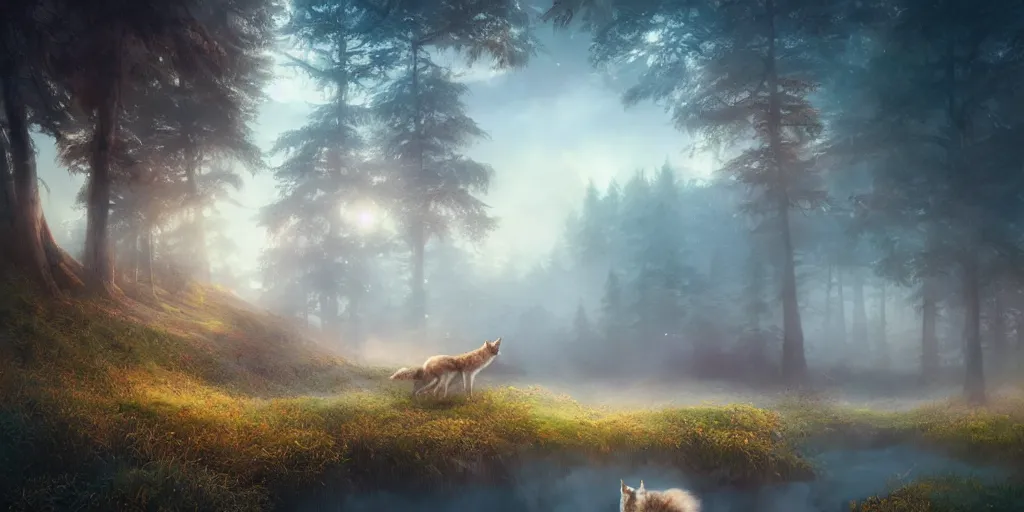 Image similar to beautiful dreamy landscape, wolves, dream, colors, dramatic, mid day, large scale, hyperrealistic, lots of detail, realistic lighting, octane render, by wlop, artgerm, trending on artstation