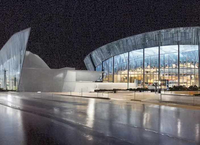 Image similar to mercedes exhibition center exterior at night with rain with large screens designed by antoni gaudi, and concept art