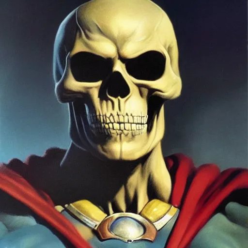 Image similar to ultra realistic portrait painting of skeletor as superman, art by frank frazetta, 4 k, ultra realistic, highly detailed, epic lighting