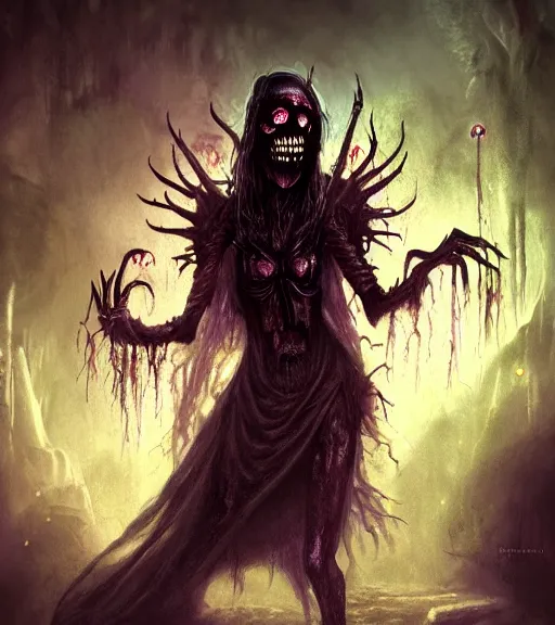 Image similar to gothic necrolord female with zombie servents, digital painting, liminal eerie midnight backlit, a picture taken by Michael Komarck and Daniel Ljunggren