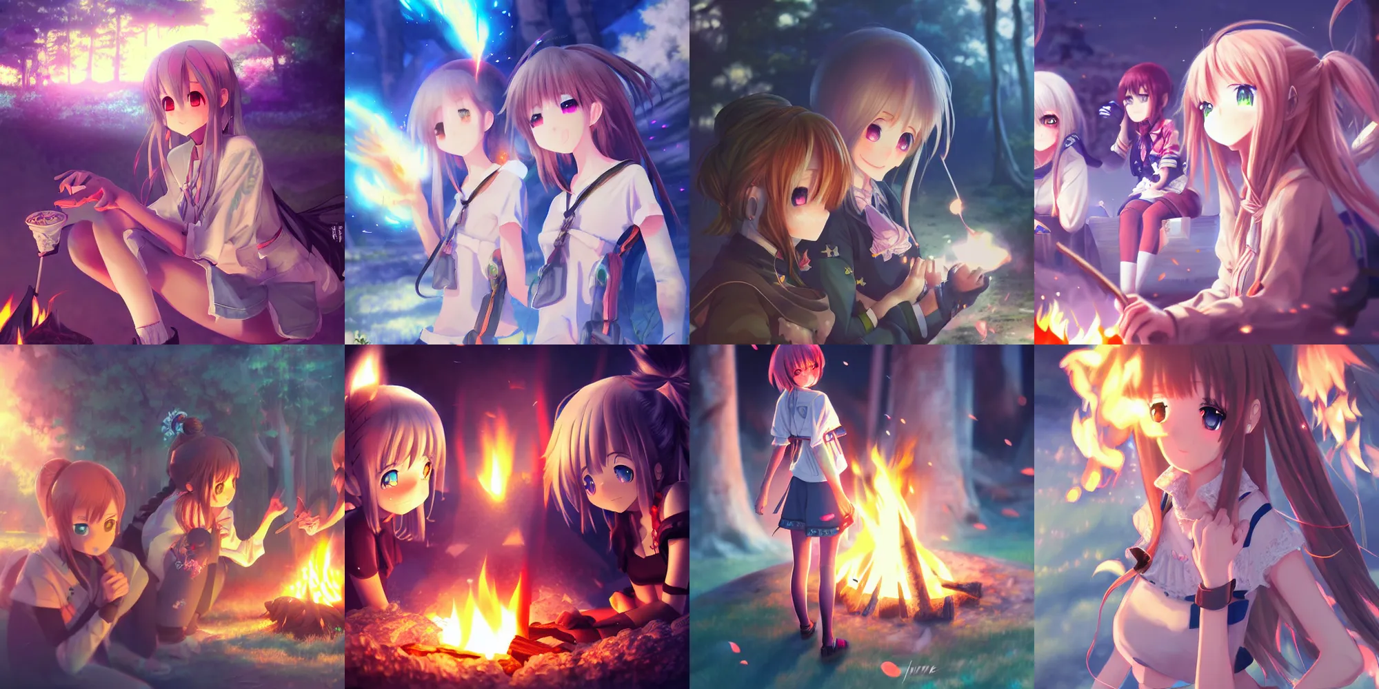 Prompt: anime cute girls around campfire trending on artstation hyperdetailed Unreal Engine 4k 8k ultra HD illustration digital pixiv concept art manga cover