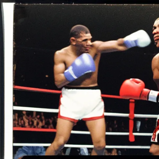 Image similar to polaroid of obama knocking out mike tyson in boxing match