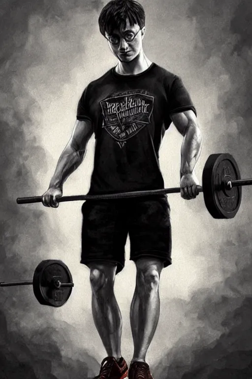 Image similar to highly detailed rendering of Daniel Radcliffe as Harry Potter doing barbell back squats, dingy workout gym, wearing a muscle tee shirt, muscular deep squats, symmetrical, highly detailed, digital painting, artstation, concept art, smooth, sharp focus, illustration, cinematic lighting, art by artgerm and greg rutkowski and alphonse mucha