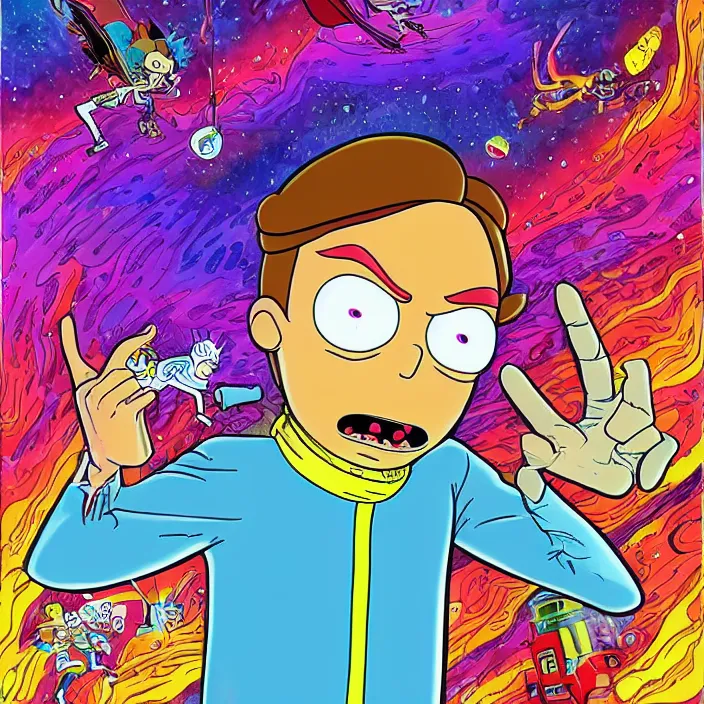 Image similar to Michael J. Fox as Morty Smith from Rick and Morty by Noriyoshi Ohrai and Lisa Frank, inking, full color