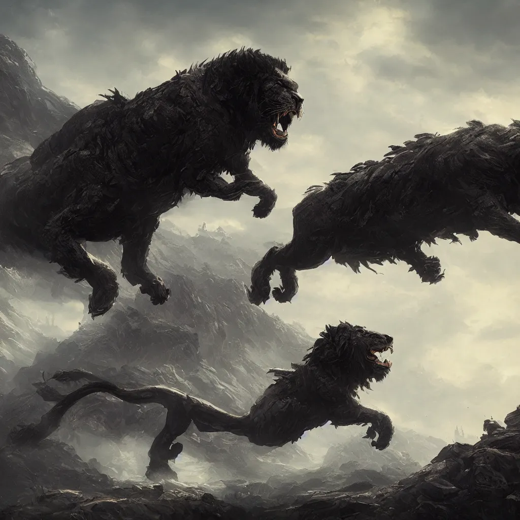 Image similar to Giant black rock lion monster art, in the style of greg rutkowski, illustration, epic, fantasy, intricate, hyper detailed, artstation, concept art, smooth, sharp focus, ray tracing