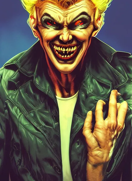 Prompt: aesthetic digital illustration of a handsome grinning young man by brian bolland, rachel birkett, alex ross, and neal adams | sinister, dangerous, character concept, concept art, unreal engine, finalrender, centered, deviantart, artgerm