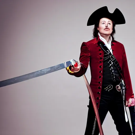 Image similar to photo of elon musk as a musketeer, he has a big black hat with a red feather, he is holding a shiny rapier sword and he is looking straight to the camera, brown background, studio lighting, 4 k, 8 k