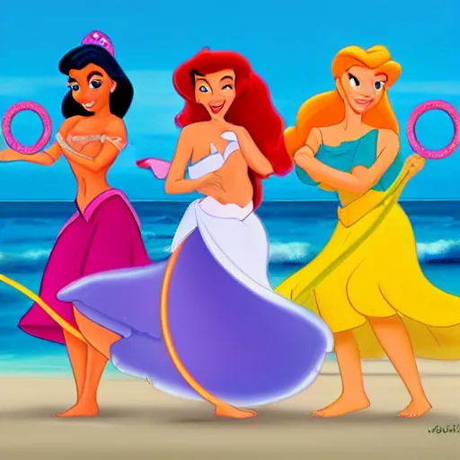 Image similar to disney princesses raya, ariel, and tiana, all playing with hula hoops on the beach, disney style digital art, high quality, 4 k