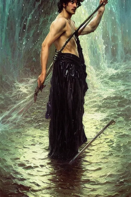 Image similar to portrait of a beautiful man wearing a black robe, holding a long staff, drenched body, wet dripping hair, emerging from the water, fantasy, regal, fractal crystal, fractal gems, by stanley artgerm lau, thomas kindkade, alphonse mucha, loish, norman rockwell ross tran