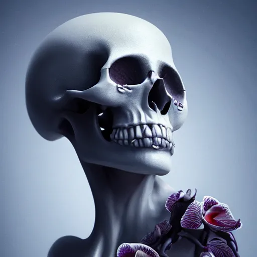 Image similar to An orchid shaped like a skull, by Cedric Peyravernay, highly detailed, excellent composition, cinematic concept art, dramatic lighting, trending on ArtStation