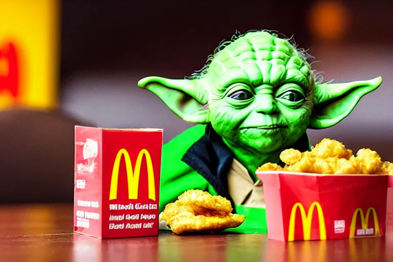 Prompt: yoda, upset, yoda sitting behind a table inside mcdonald's, small red cardboard box on table, yellow m logo on box, chicken mcnugget 3 5 mm, f / 2. 8