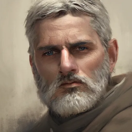 Image similar to An oil painting of a man dressed in priest robes, 50 years old, short grey hair, trimmed beard, sharp facial features, beautiful, highly detailed, by Cédric Peyravernay, trending on artstation