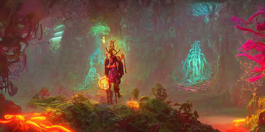 Image similar to 3 d scene of temple portal modelling goddess close - woodsman wearing a steampunk and neonpunk mechanical fluorescent mystical animal mask in strange misty mountain landscape. betta fish, jellyfish phoenix, bio luminescent, plasma, ice, water, wind, creature, artwork by tooth wu and wlop and beeple and greg rutkowski