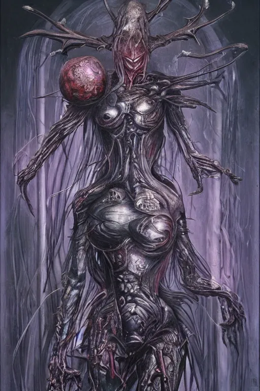 Image similar to portrait of samus metroid by hr giger and wayne barlowe as a diablo, dark souls, bloodborne monster, veiled necromancer lich bride