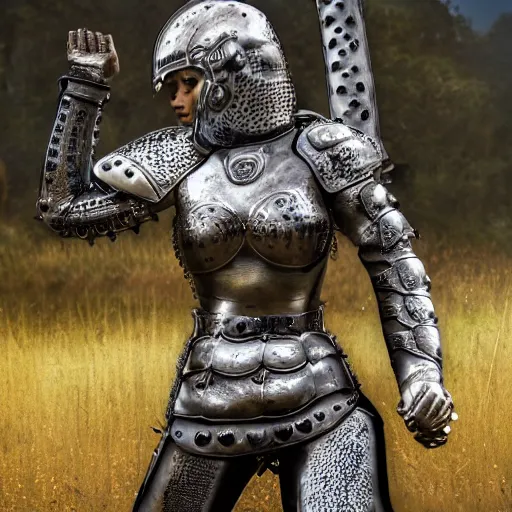 Image similar to female warrior with metal jaguar armour, highly detailed, 4k, HDR, smooth, sharp focus, hyper realistic, high resolution