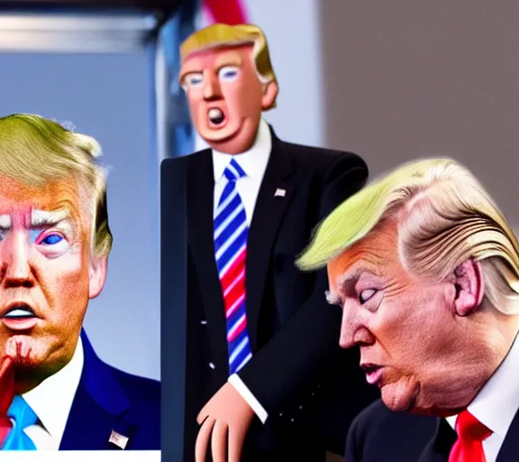 Prompt: photo of joe biden and donald trump kissing intimately as the puppetmaster pushes their heads together, hyperrealism